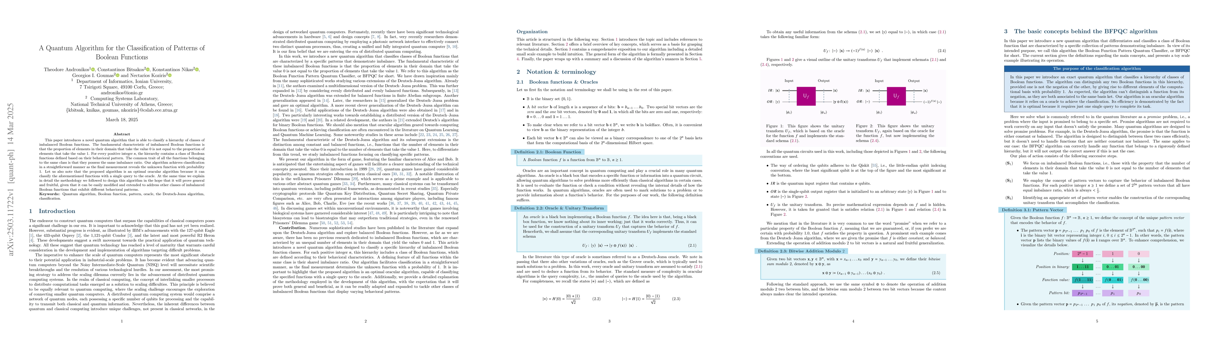 Thumbnail for A Quantum Algorithm for the Classification of Patterns of Boolean
  Functions