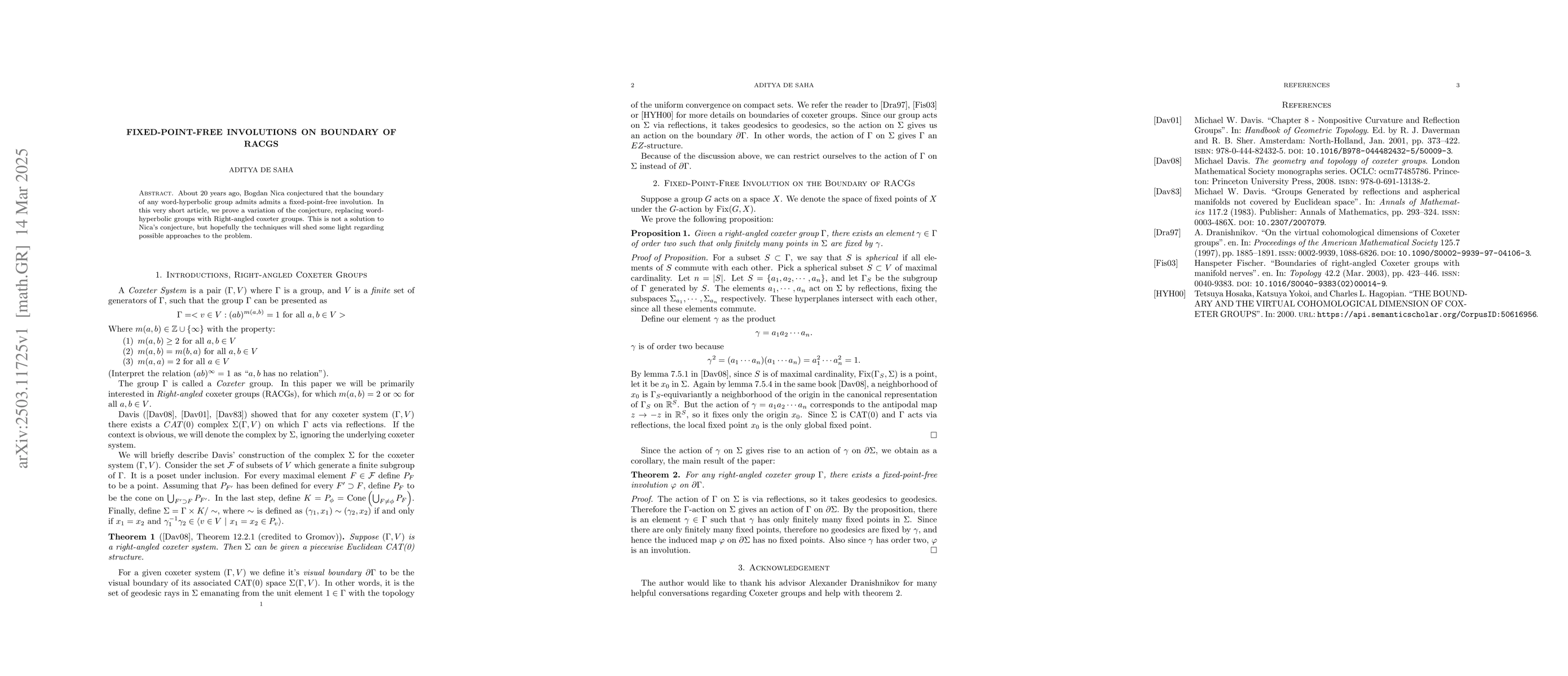 Thumbnail for Fixed-point-free involutions on the boundaries of Right-angled Coxeter
  Groups