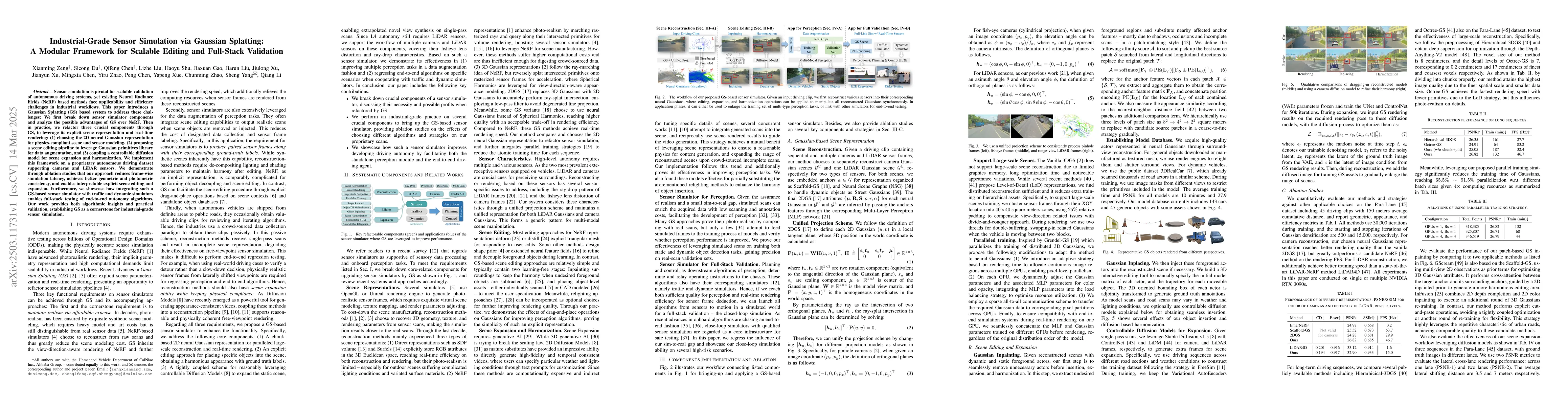 Thumbnail for Industrial-Grade Sensor Simulation via Gaussian Splatting: A Modular
  Framework for Scalable Editing and Full-Stack Validation