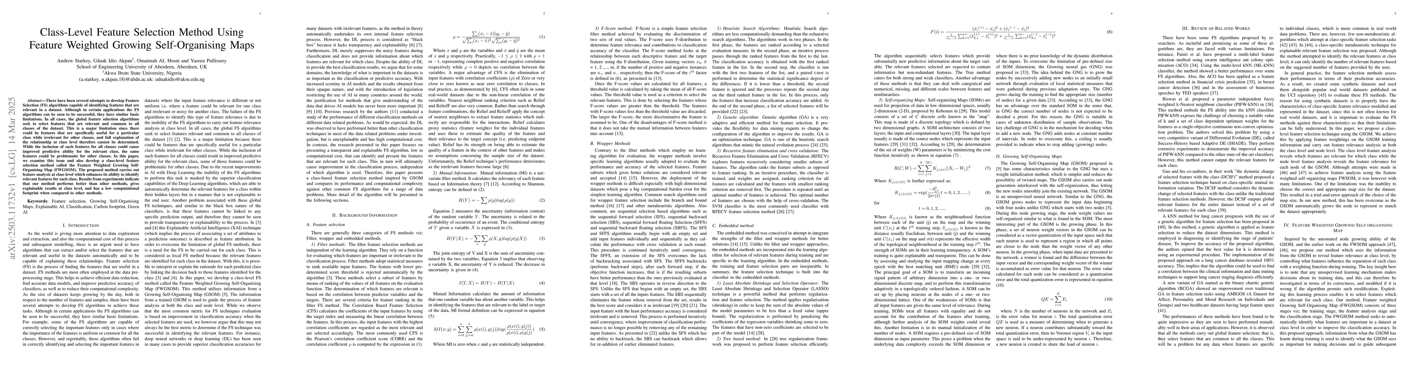 Thumbnail for Class-Level Feature Selection Method Using Feature Weighted Growing
  Self-Organising Maps
