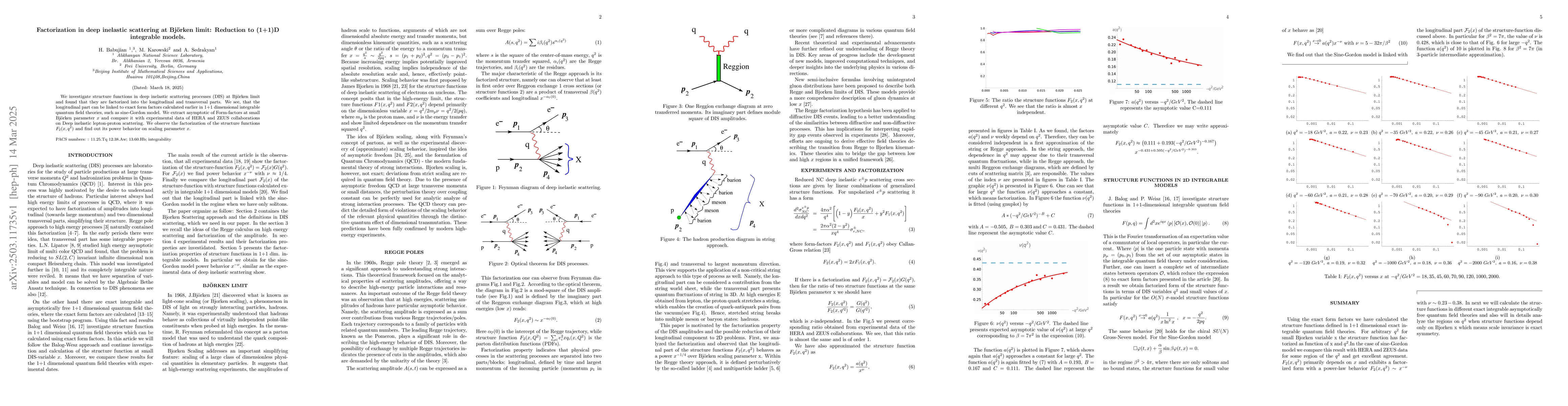 Thumbnail for Factorization in deep inelastic scattering at Björken limit:
  Reduction to (1+1)D integrable models