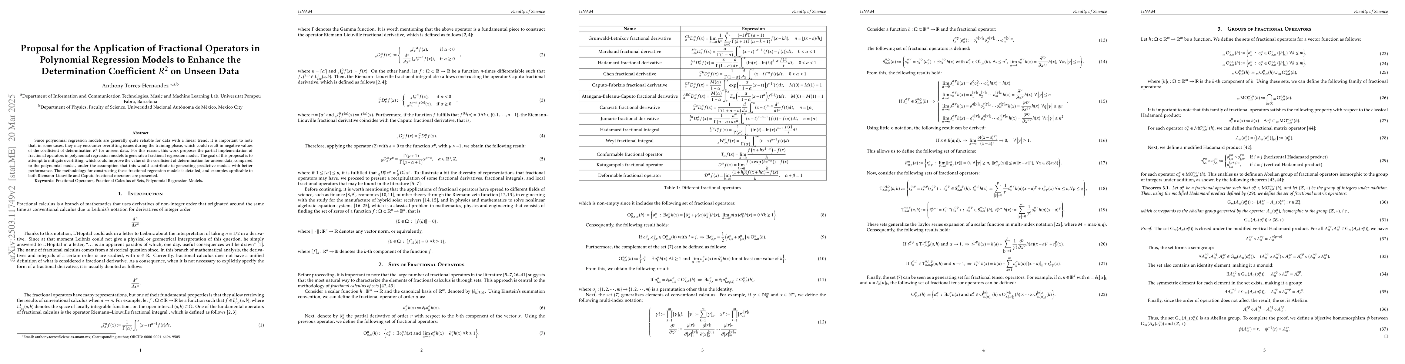 Thumbnail for Proposal for the Application of Fractional Operators in Polynomial
  Regression Models to Enhance the Determination Coefficient $R^2$ on Unseen
  Data
