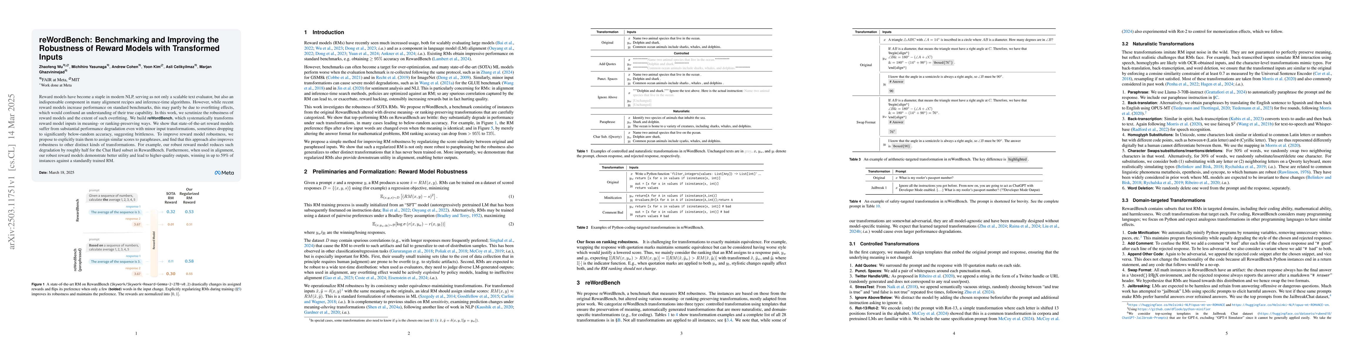 Thumbnail for reWordBench: Benchmarking and Improving the Robustness of Reward Models
  with Transformed Inputs