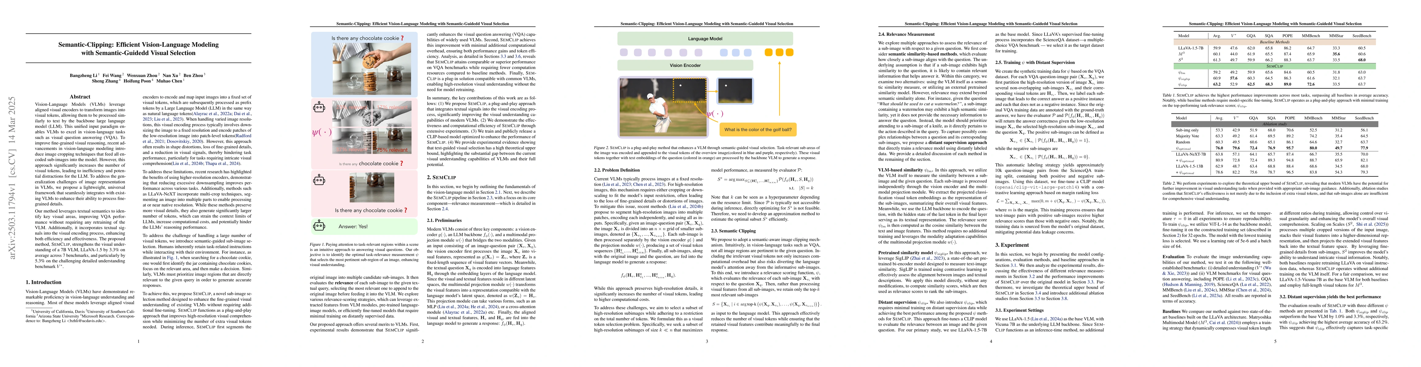 Thumbnail for Semantic-Clipping: Efficient Vision-Language Modeling with
  Semantic-Guidedd Visual Selection