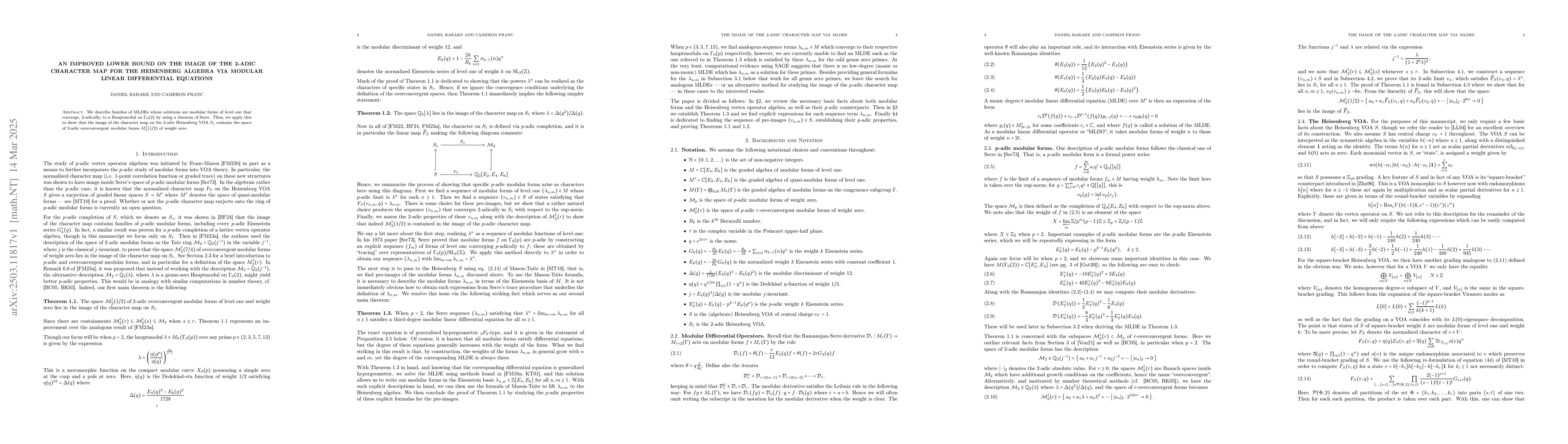 Thumbnail for An Improved Lower Bound on the Image of the 2-adic Character Map for the
  Heisenberg Algebra via Modular Linear Differential Equations