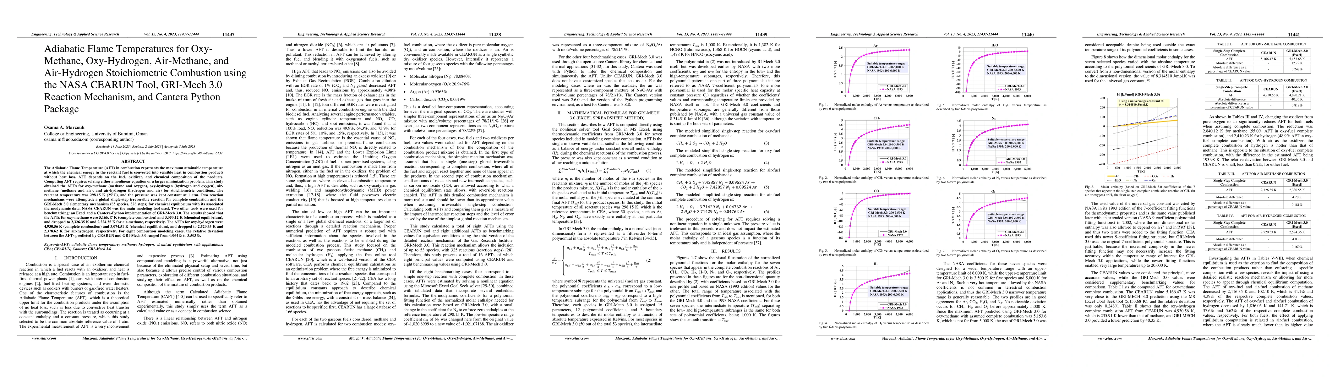 Thumbnail for Adiabatic Flame Temperatures for Oxy-Methane, Oxy-Hydrogen, Air-Methane,
  and Air-Hydrogen Stoichiometric Combustion using the NASA CEARUN Tool,
  GRI-Mech 3.0 Reaction Mechanism, and Cantera Python Package