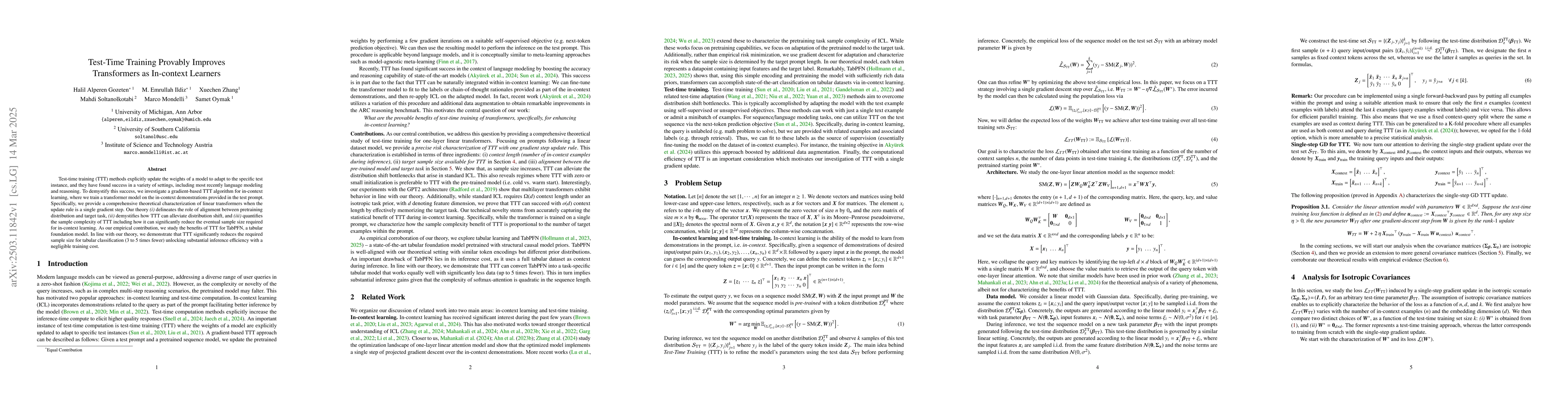 Thumbnail for Test-Time Training Provably Improves Transformers as In-context Learners