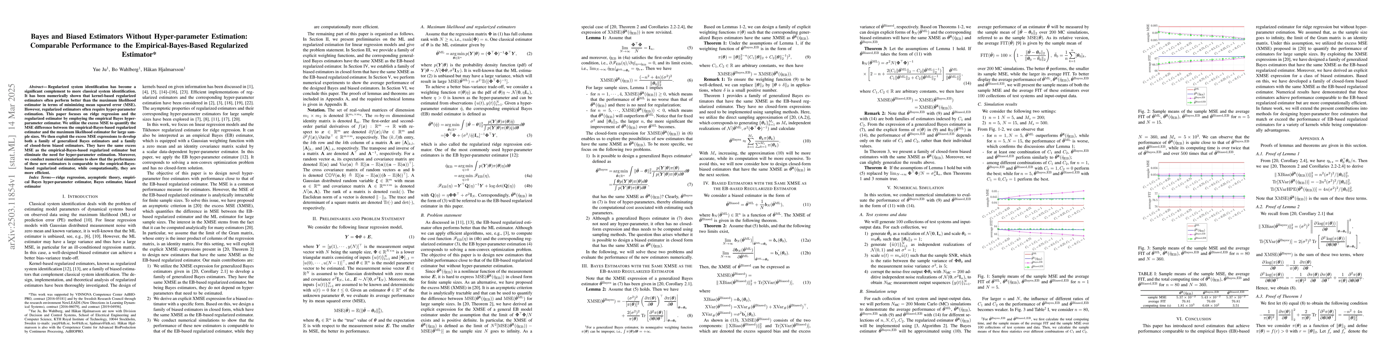 Thumbnail for Bayes and Biased Estimators Without Hyper-parameter Estimation:
  Comparable Performance to the Empirical-Bayes-Based Regularized Estimator