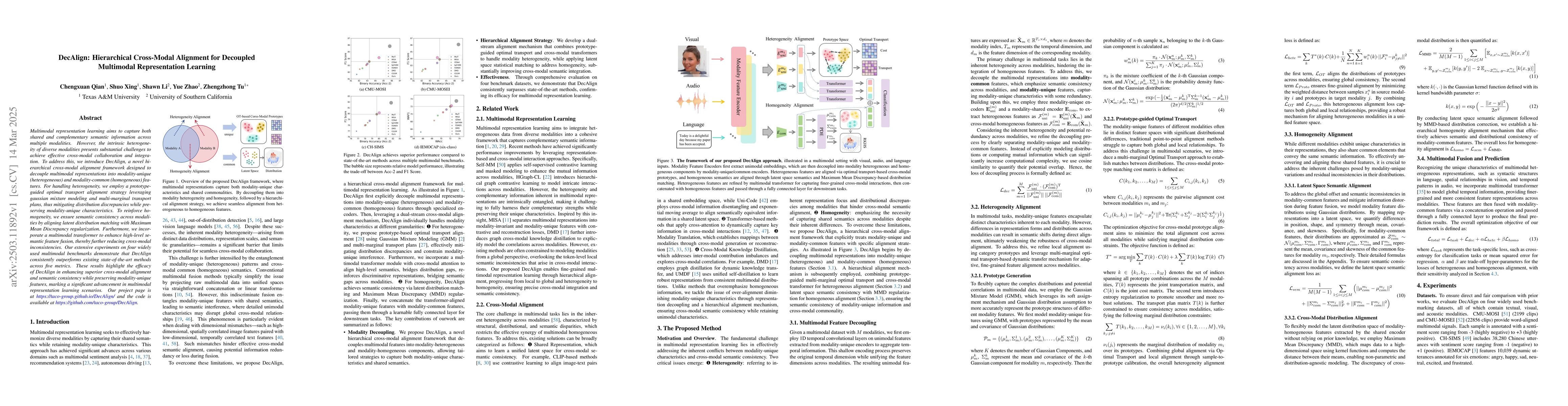 Thumbnail for DecAlign: Hierarchical Cross-Modal Alignment for Decoupled Multimodal
  Representation Learning