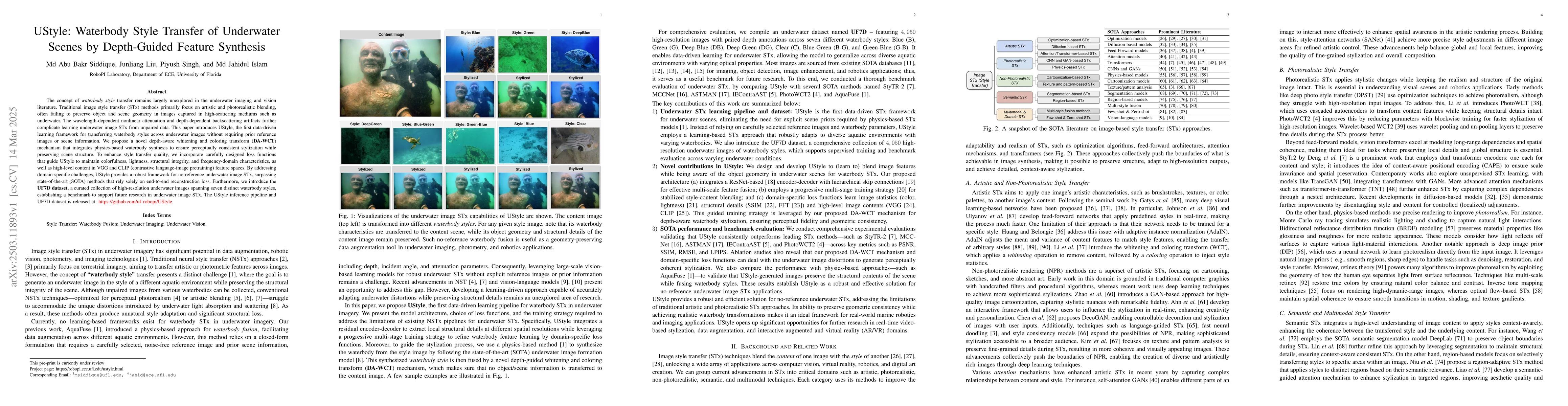Thumbnail for UStyle: Waterbody Style Transfer of Underwater Scenes by Depth-Guided
  Feature Synthesis