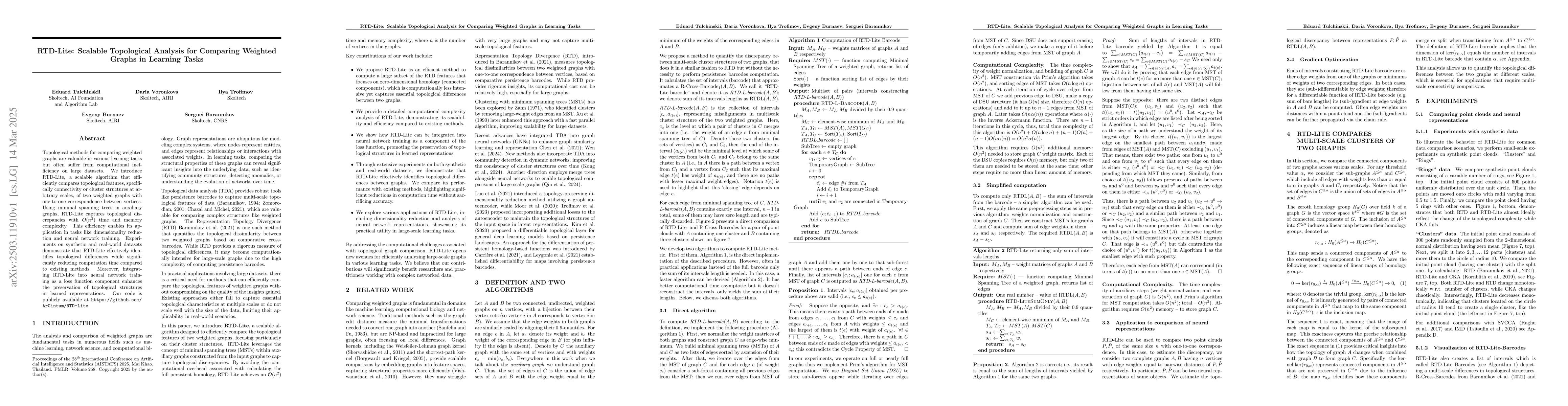 Thumbnail for RTD-Lite: Scalable Topological Analysis for Comparing Weighted Graphs in
  Learning Tasks