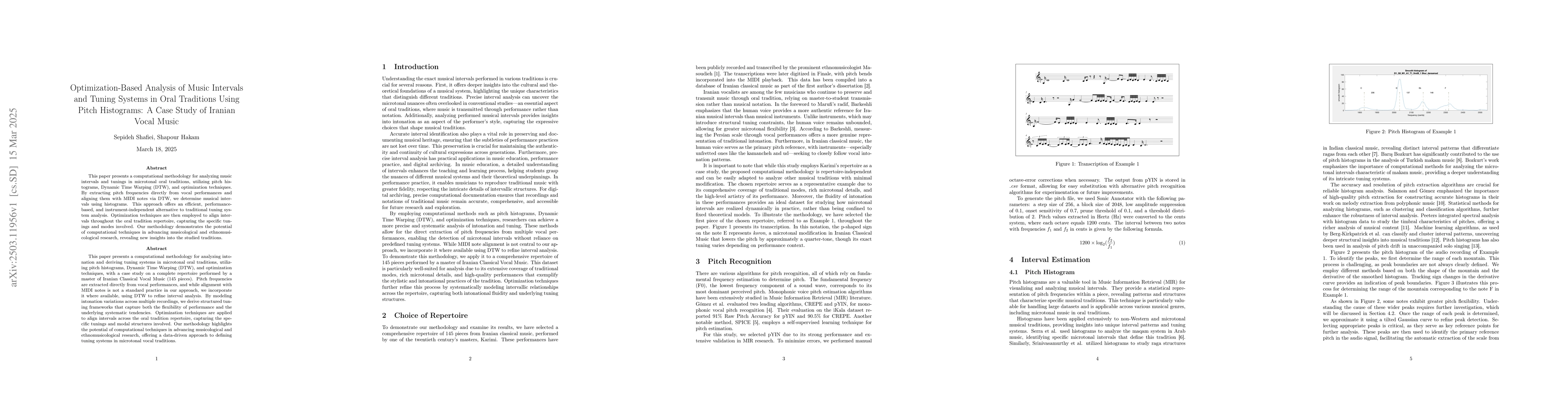 Thumbnail for Optimization-Based Analysis of Music Intervals and Tuning Systems in
  Oral Traditions Using Pitch Histograms: A Case Study of Iranian Vocal Music