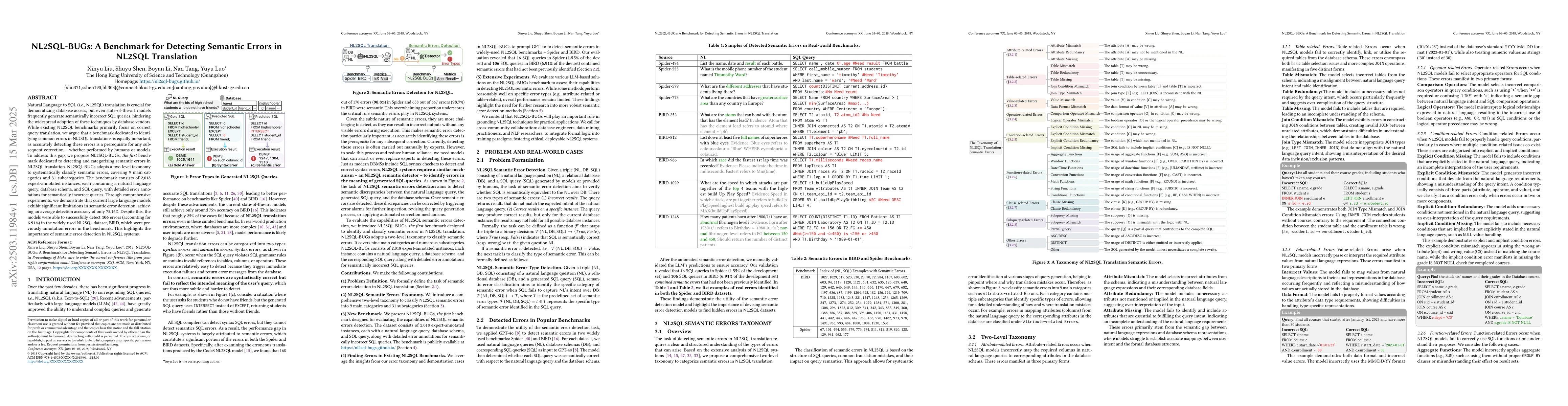 Thumbnail for NL2SQL-BUGs: A Benchmark for Detecting Semantic Errors in NL2SQL
  Translation