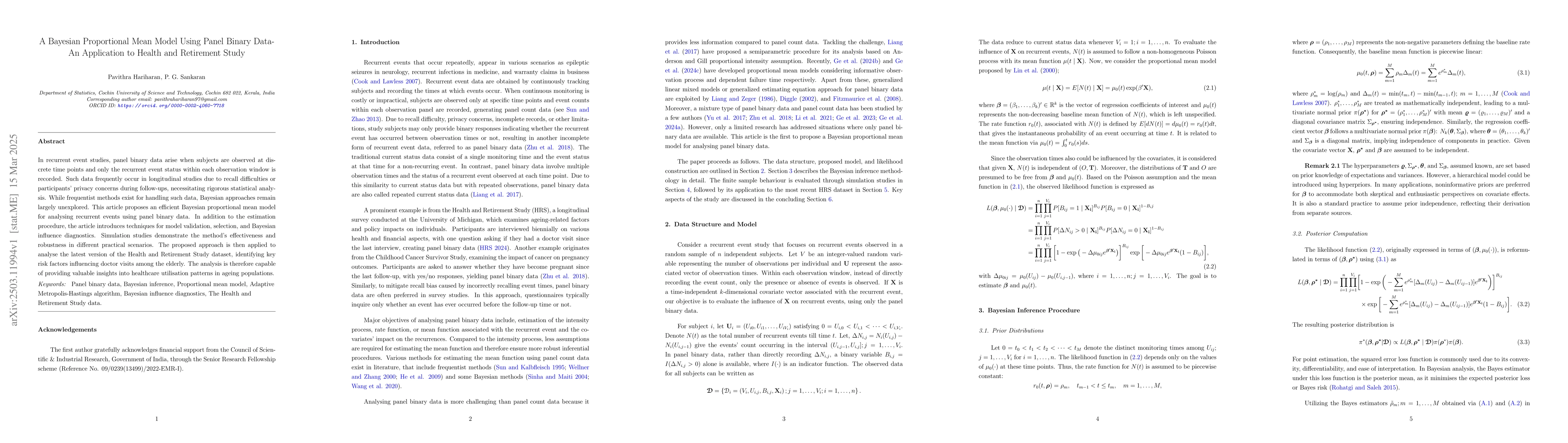 Thumbnail for A Bayesian Proportional Mean Model Using Panel Binary Data-An
  Application to Health and Retirement Study