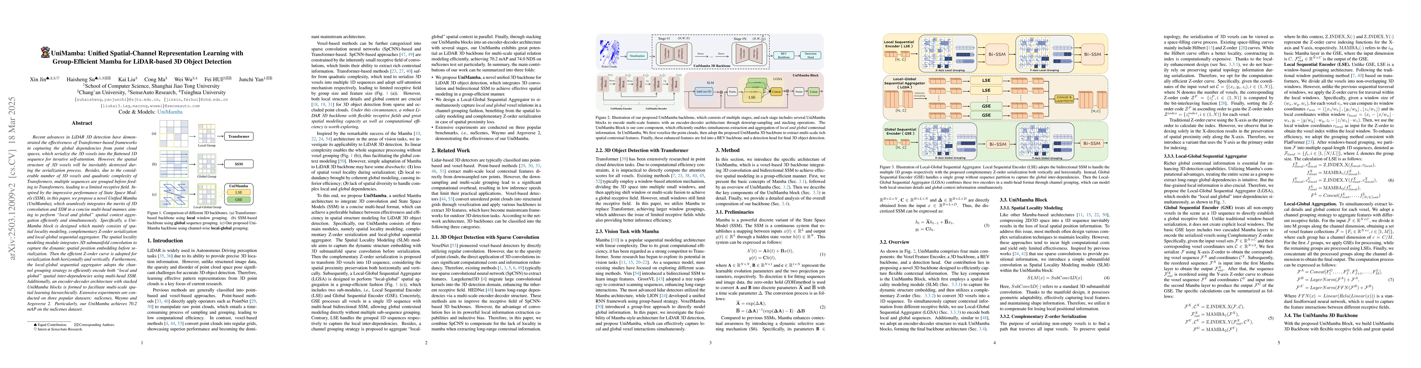 Thumbnail for UniMamba: Unified Spatial-Channel Representation Learning with
  Group-Efficient Mamba for LiDAR-based 3D Object Detection