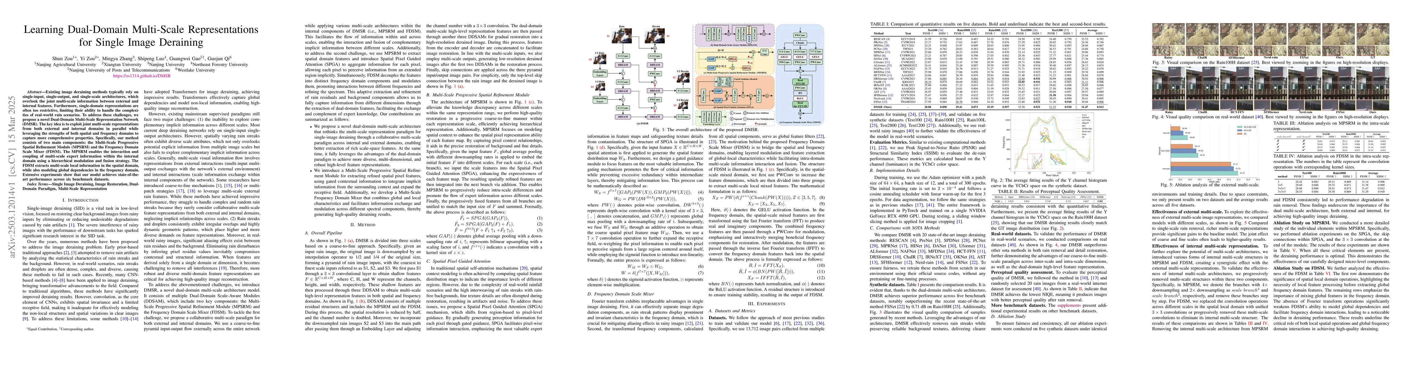 Thumbnail for Learning Dual-Domain Multi-Scale Representations for Single Image
  Deraining