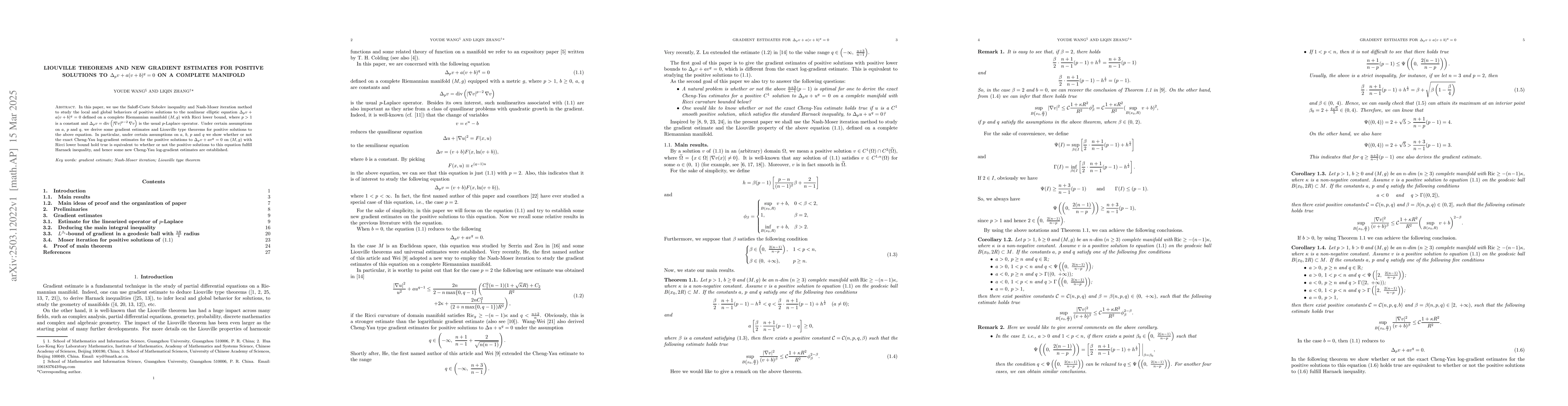 Thumbnail for Liouville theorems and new gradient estimates for positive solutions to
  $Δ_pv+a(v+b)^q=0$ on a complete manifold