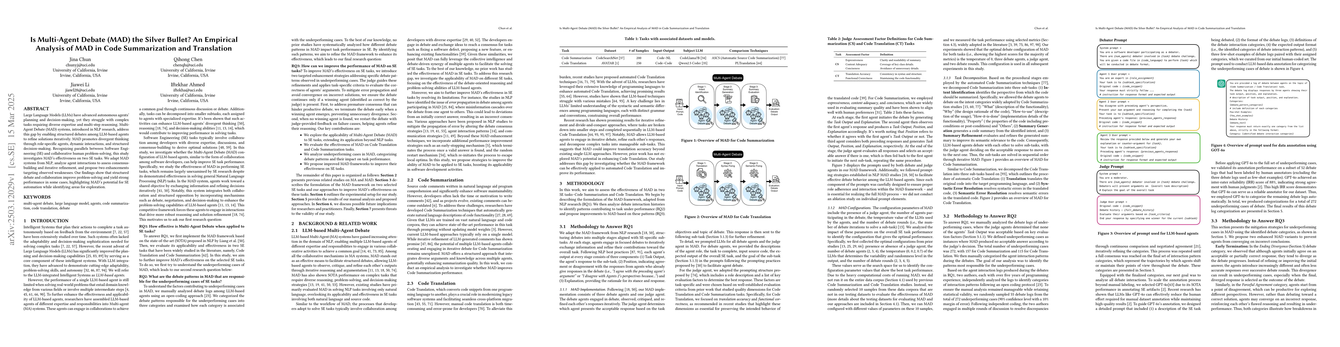 Thumbnail for Is Multi-Agent Debate (MAD) the Silver Bullet? An Empirical Analysis of
  MAD in Code Summarization and Translation