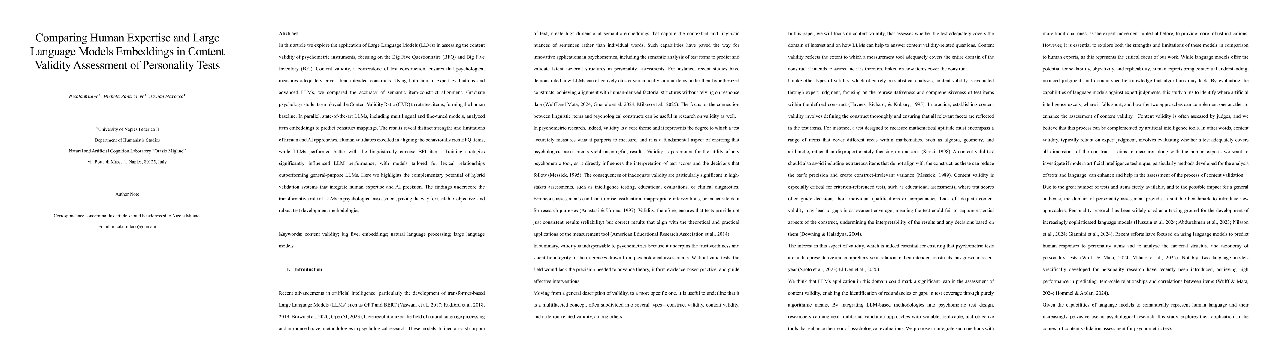 Thumbnail for Comparing Human Expertise and Large Language Models Embeddings in
  Content Validity Assessment of Personality Tests