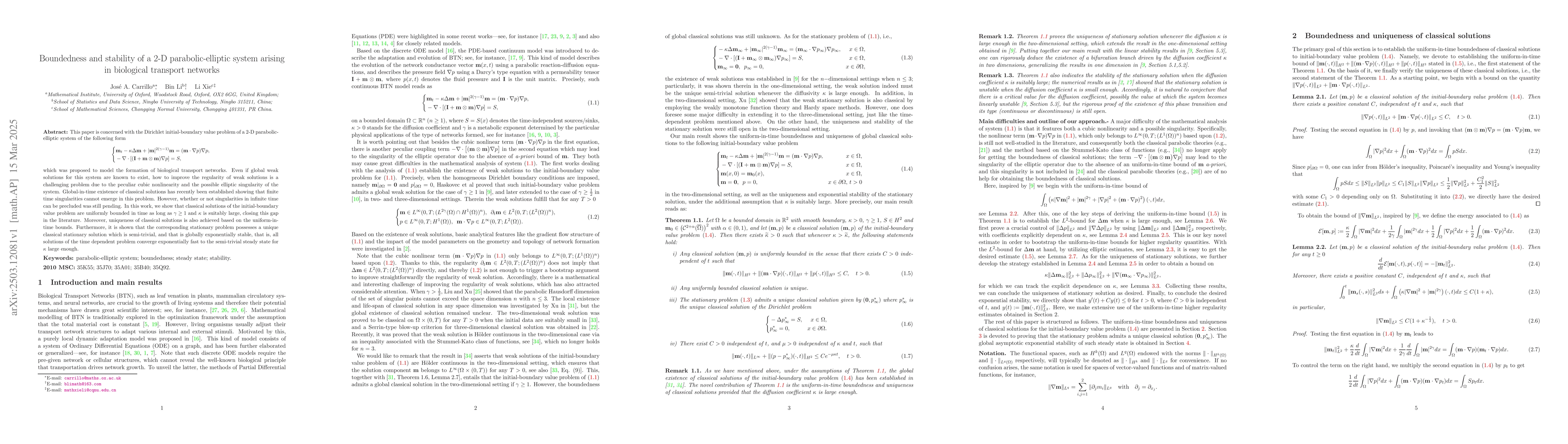 Thumbnail for Boundedness and stability of a 2-D parabolic-elliptic system arising in
  biological transport networks