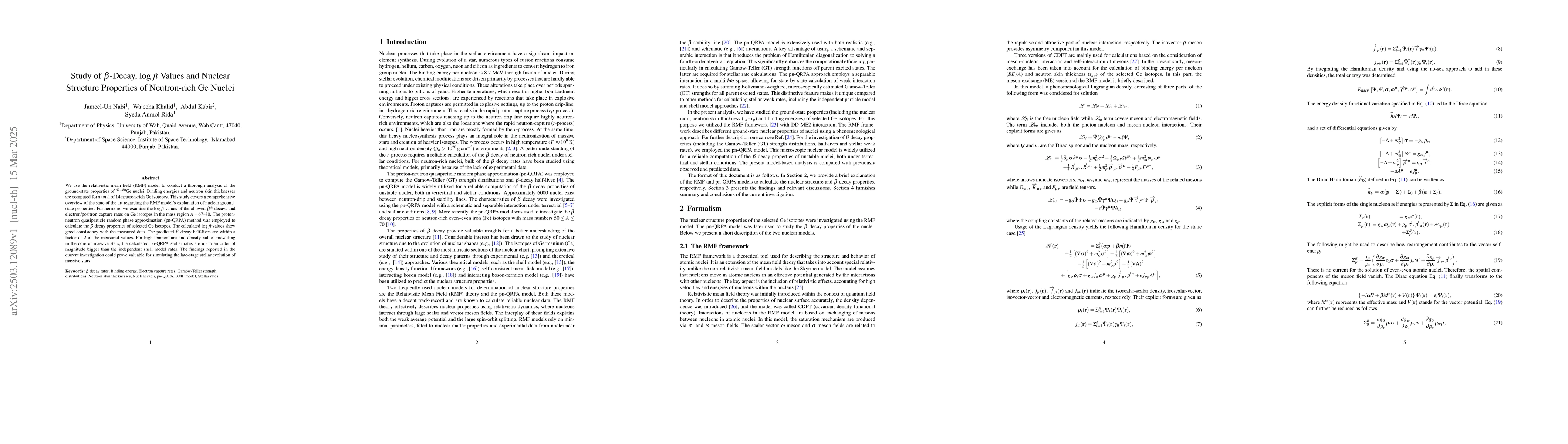 Thumbnail for Study of \b{eta}-Decay, log ft Values and Nuclear Structure Properties
  of Neutron-rich Ge Nuclei