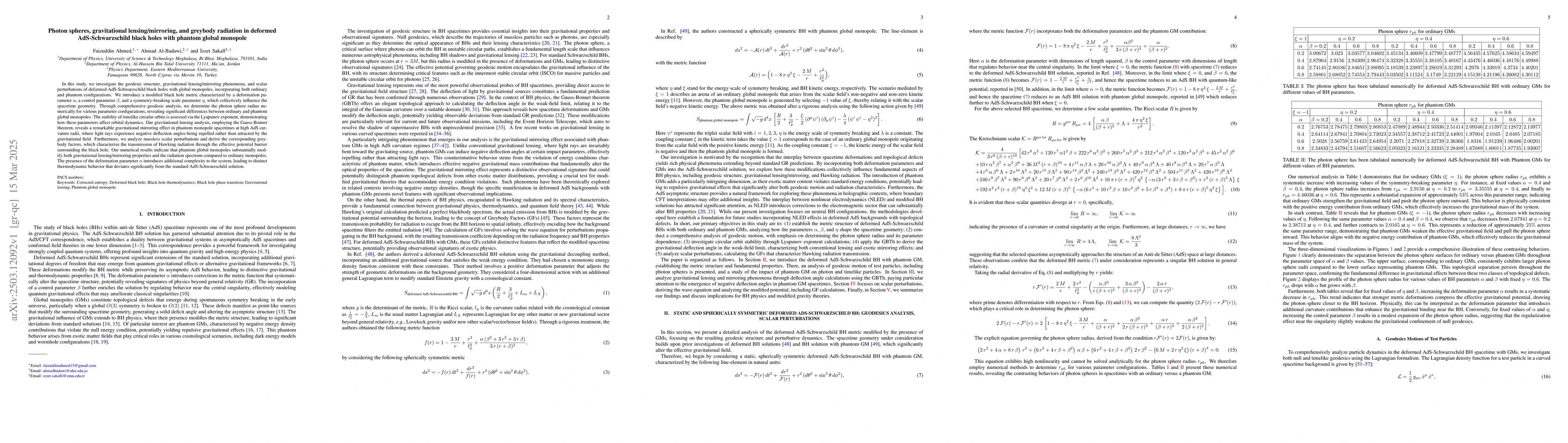 Thumbnail for Photon spheres, gravitational lensing/mirroring, and greybody radiation
  in deformed AdS-Schwarzschild black holes with phantom global monopole