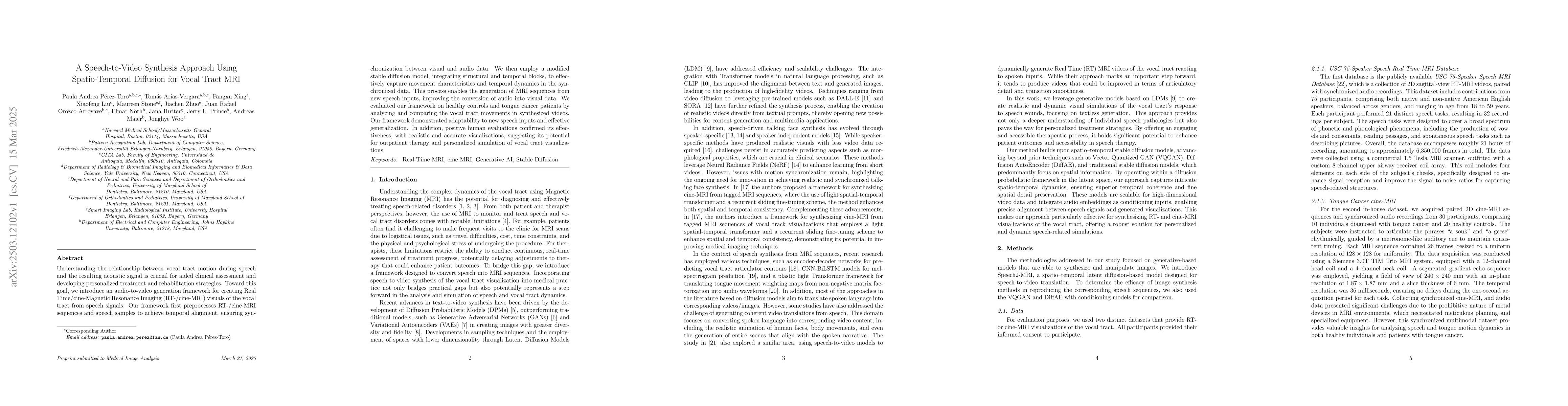 Thumbnail for A Speech-to-Video Synthesis Approach Using Spatio-Temporal Diffusion for
  Vocal Tract MRI