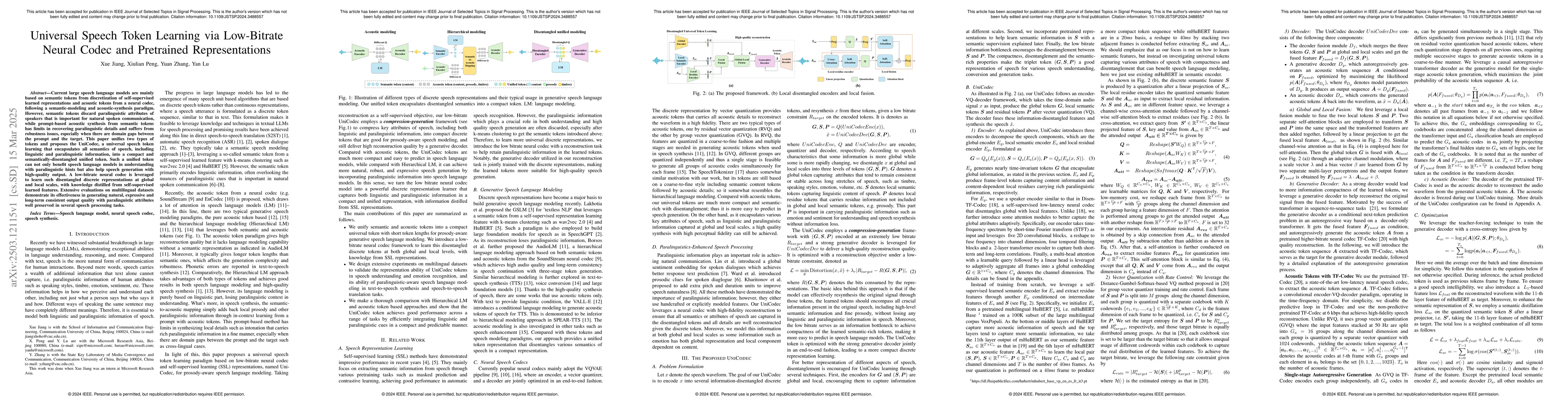 Thumbnail for Universal Speech Token Learning via Low-Bitrate Neural Codec and
  Pretrained Representations
