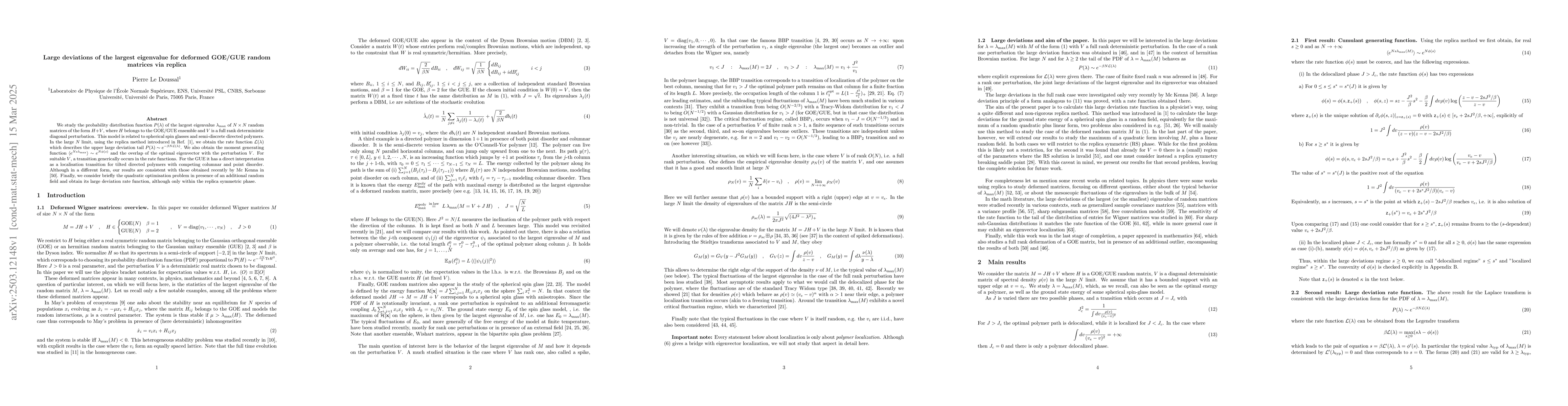 Thumbnail for Large deviations of the largest eigenvalue for deformed GOE/GUE random
  matrices via replica