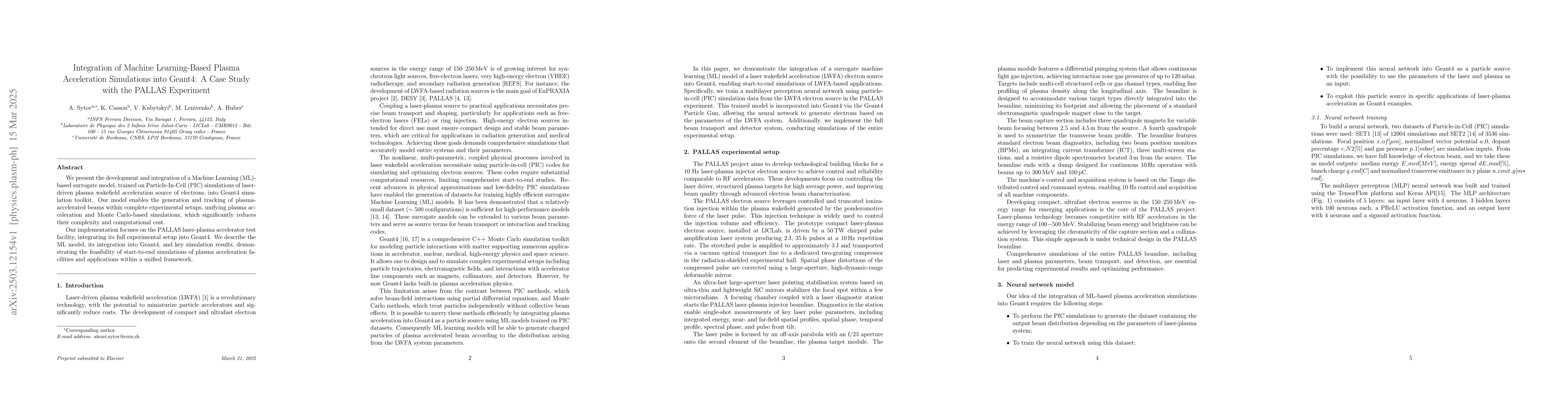 Thumbnail for Integration of Machine Learning-Based Plasma Acceleration Simulations
  into Geant4: A Case Study with the PALLAS Experiment
