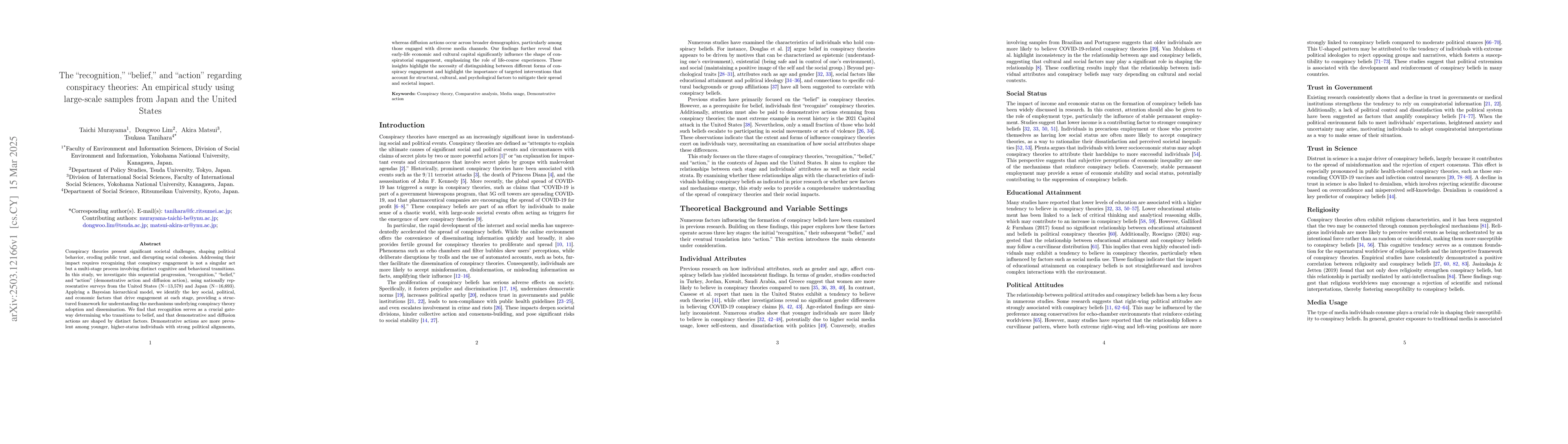 Thumbnail for The "recognition," "belief," and "action" regarding conspiracy theories:
  An empirical study using large-scale samples from Japan and the United States