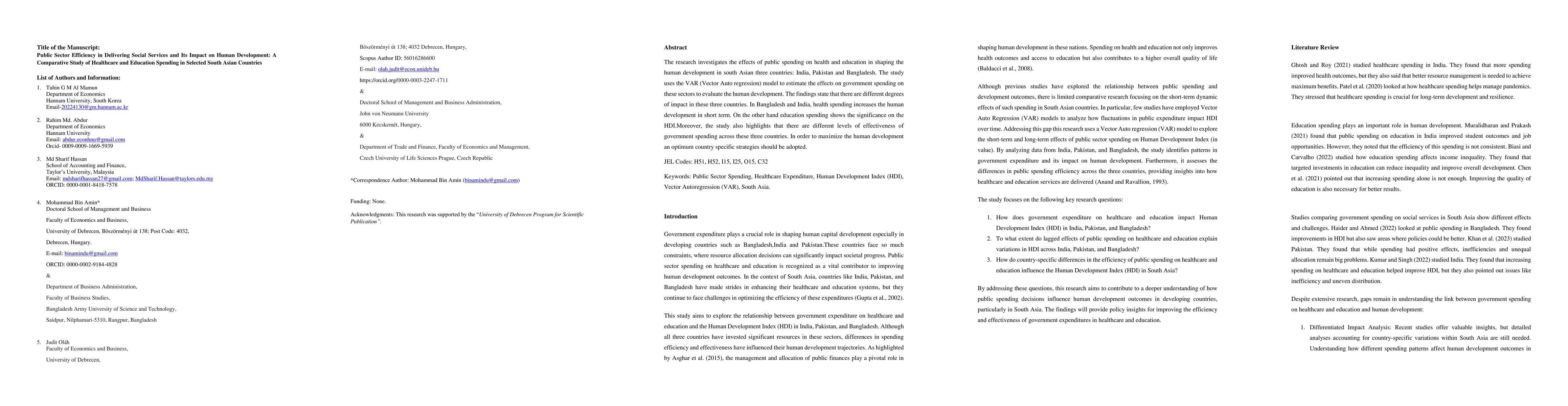 Thumbnail for Public Sector Efficiency in Delivering Social Services and Its Impact on
  Human Development: A Comparative Study of Healthcare and Education Spending
  in India, Pakistan, and Bangladesh