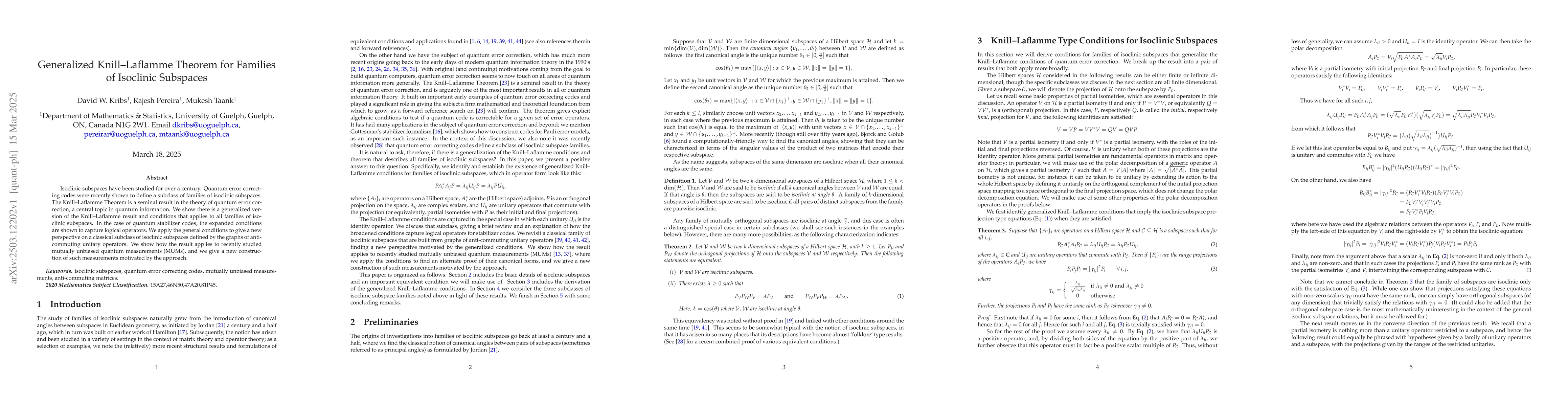 Thumbnail for Generalized Knill-Laflamme Theorem for Families of Isoclinic Subspaces