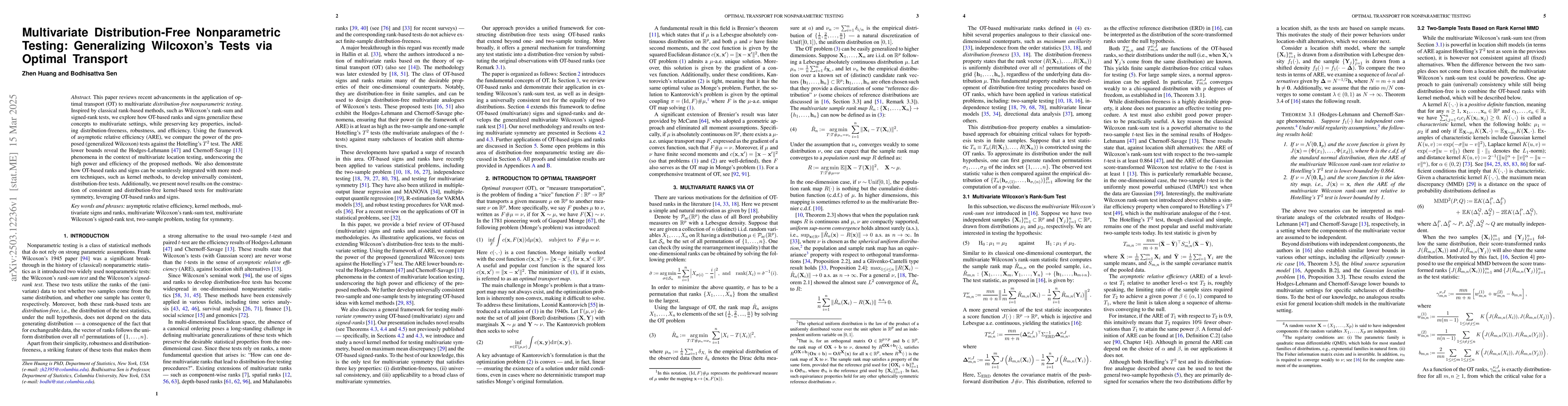 Thumbnail for Multivariate Distribution-Free Nonparametric Testing: Generalizing
  Wilcoxon's Tests via Optimal Transport