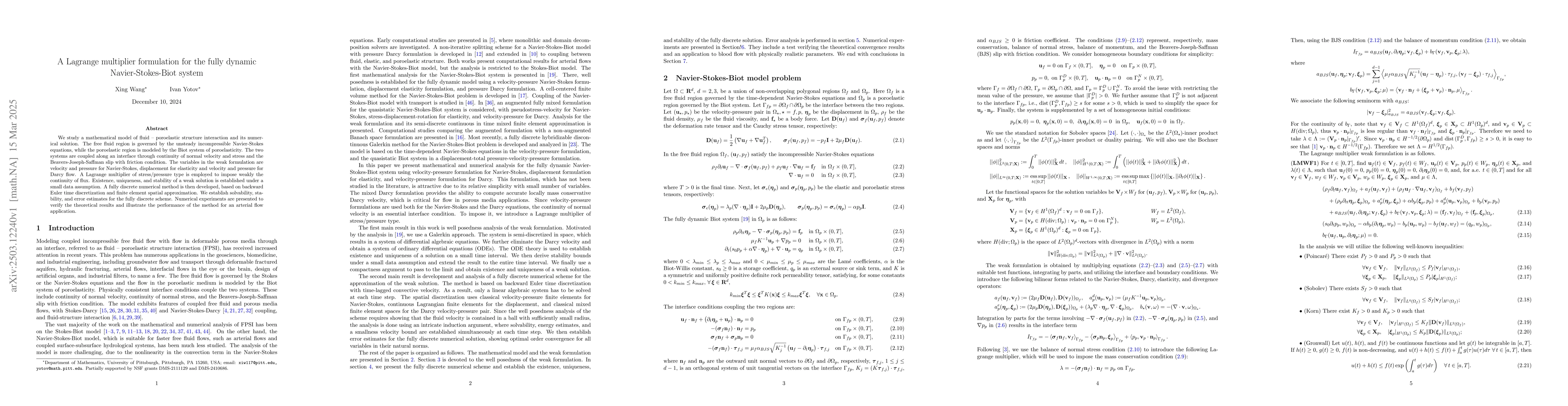 Thumbnail for A Lagrange multiplier formulation for the fully dynamic
  Navier-Stokes-Biot system