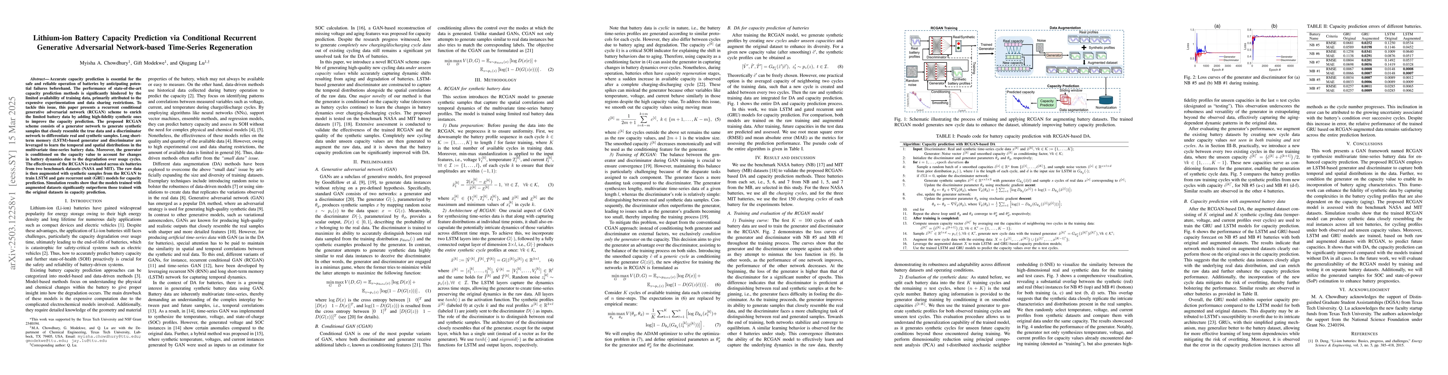 Thumbnail for Lithium-ion Battery Capacity Prediction via Conditional Recurrent
  Generative Adversarial Network-based Time-Series Regeneration