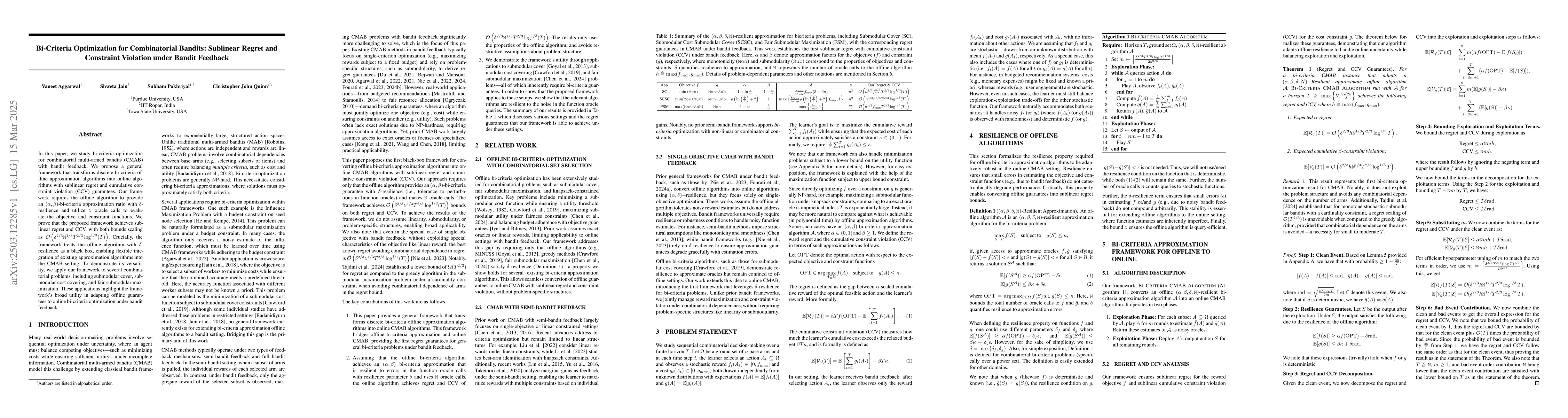 Thumbnail for Bi-Criteria Optimization for Combinatorial Bandits: Sublinear Regret and
  Constraint Violation under Bandit Feedback