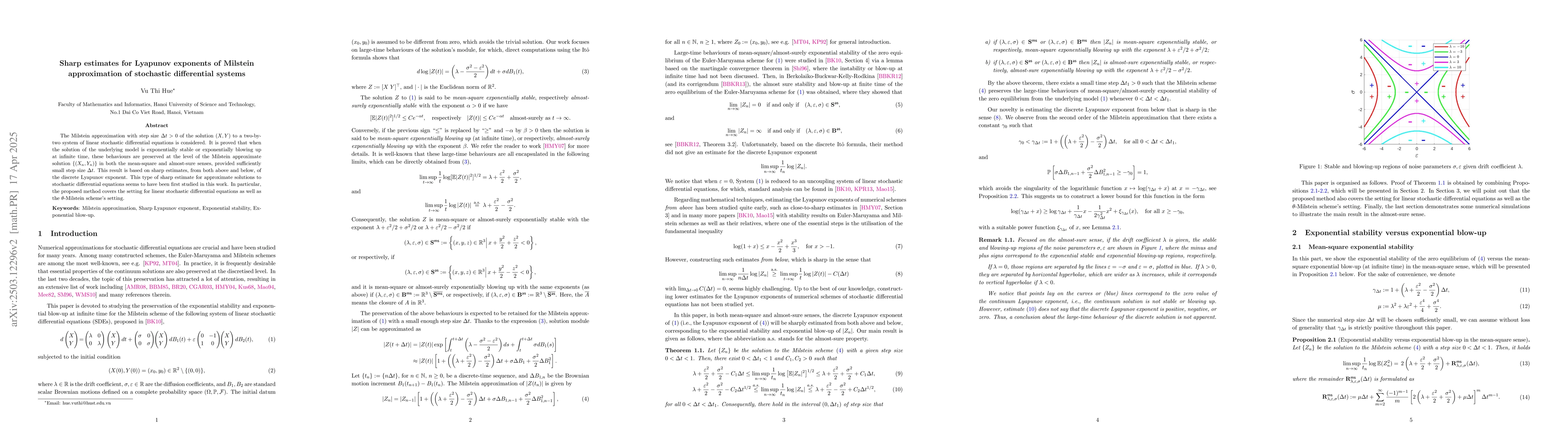 Thumbnail for Sharp estimates for Lyapunov exponents of Milstein approximation of
  stochastic differential systems