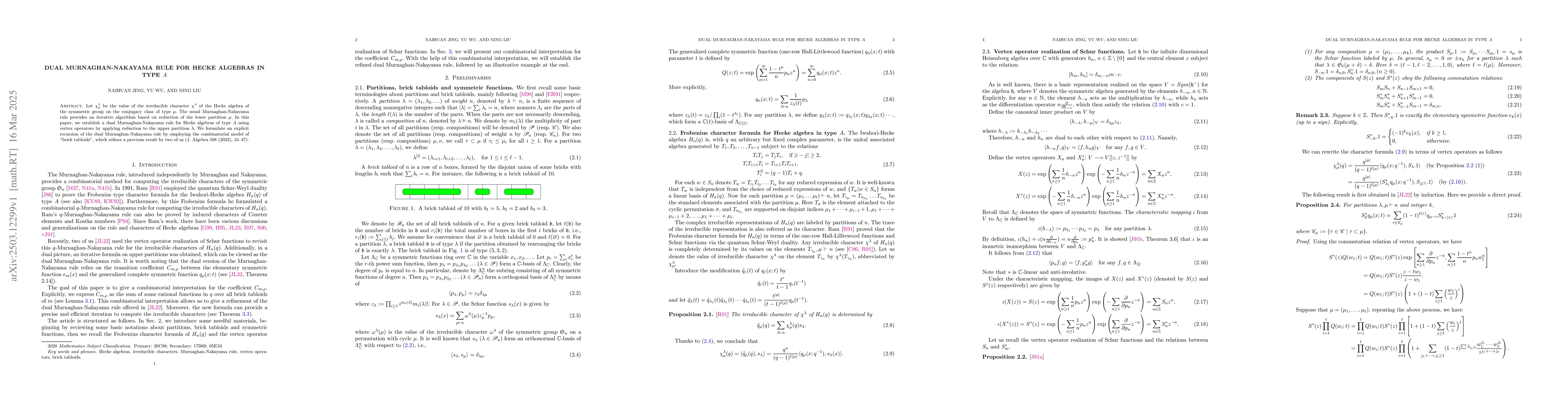 Thumbnail for Dual Murnaghan-Nakayama rule for Hecke algebras in Type $A$