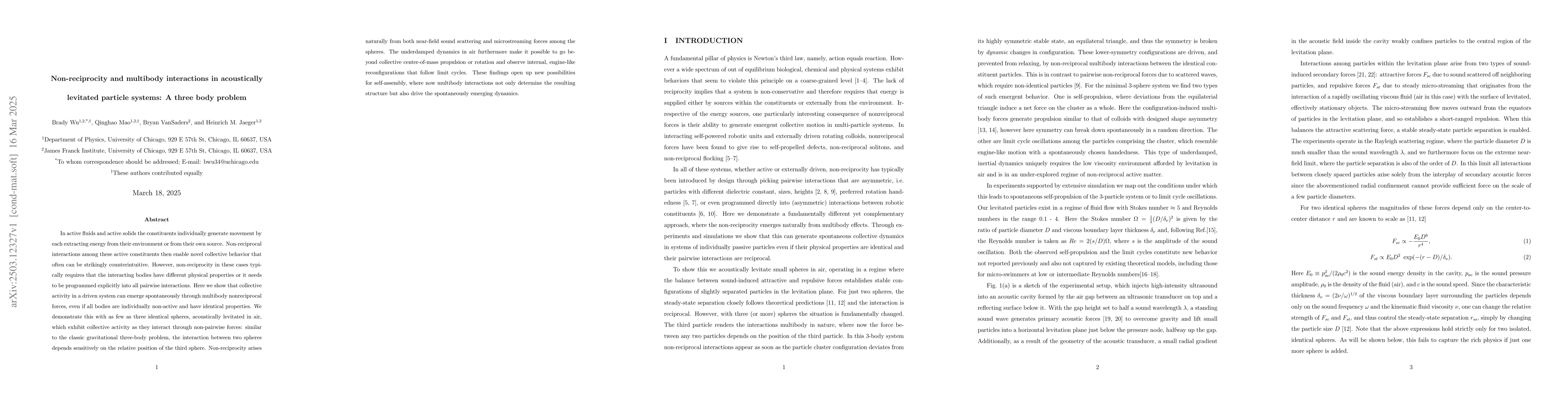 Thumbnail for Non-reciprocity and multibody interactions in acoustically levitated
  particle systems: A three body problem