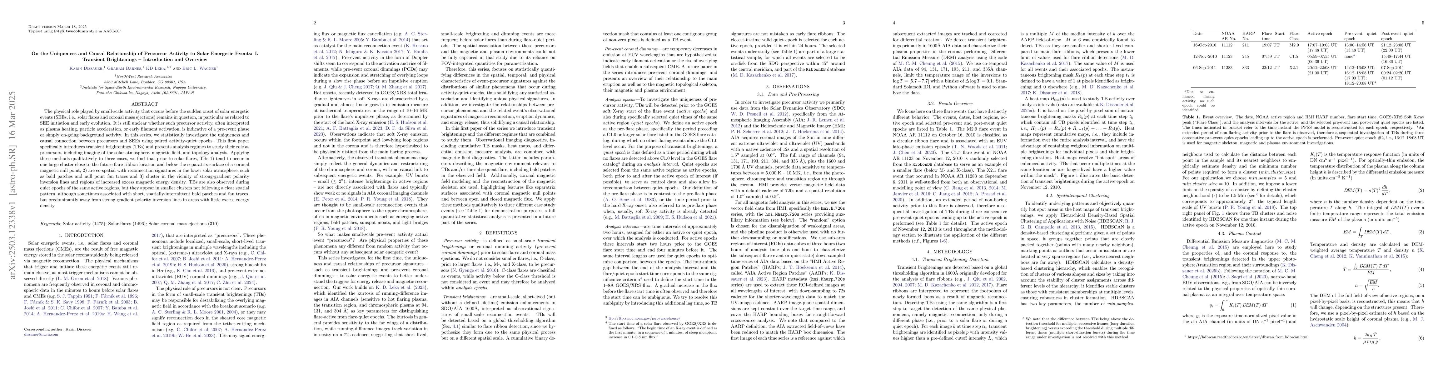 Thumbnail for On the Uniqueness and Causal Relationship of Precursor Activity to Solar
  Energetic Events: I. Transient Brightenings -- Introduction and Overview