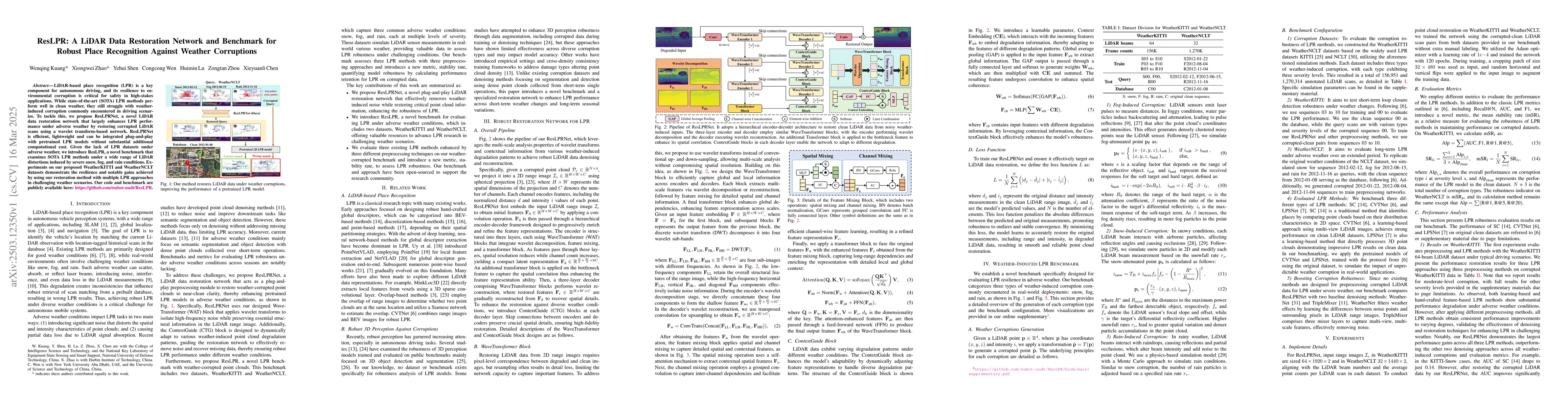 Thumbnail for ResLPR: A LiDAR Data Restoration Network and Benchmark for Robust Place
  Recognition Against Weather Corruptions