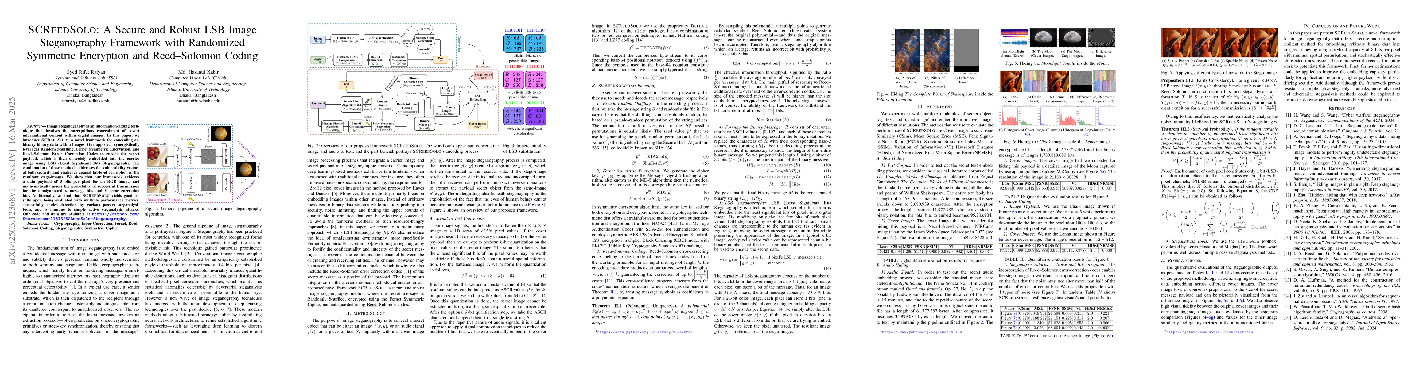 Thumbnail for SCReedSolo: A Secure and Robust LSB Image Steganography Framework with
  Randomized Symmetric Encryption and Reed-Solomon Coding