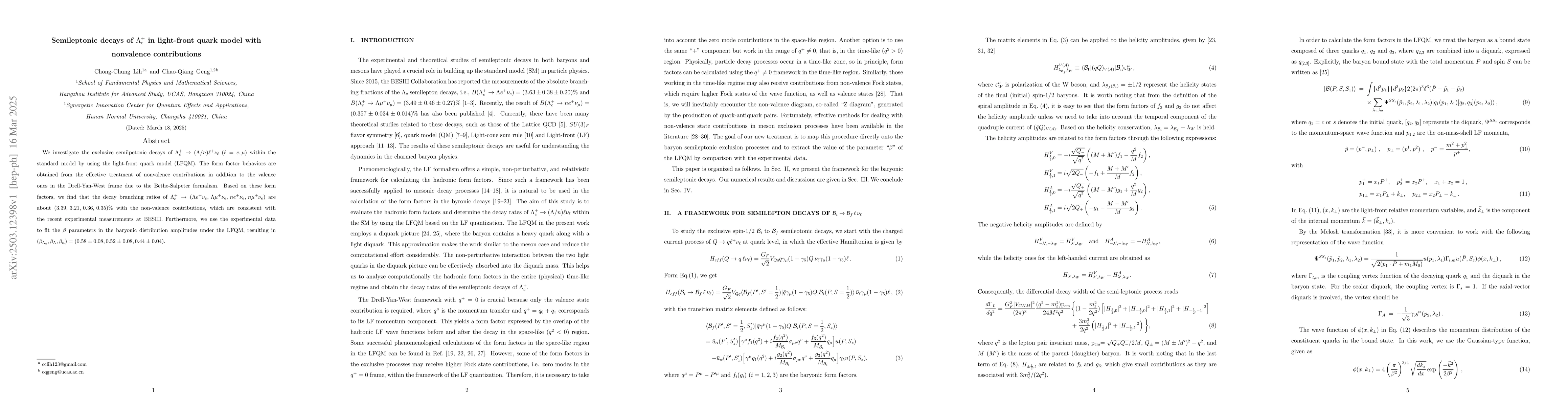 Thumbnail for Semileptonic decays of $Λ^{+}_{c}$ in light-front quark model with
  nonvalence contributions