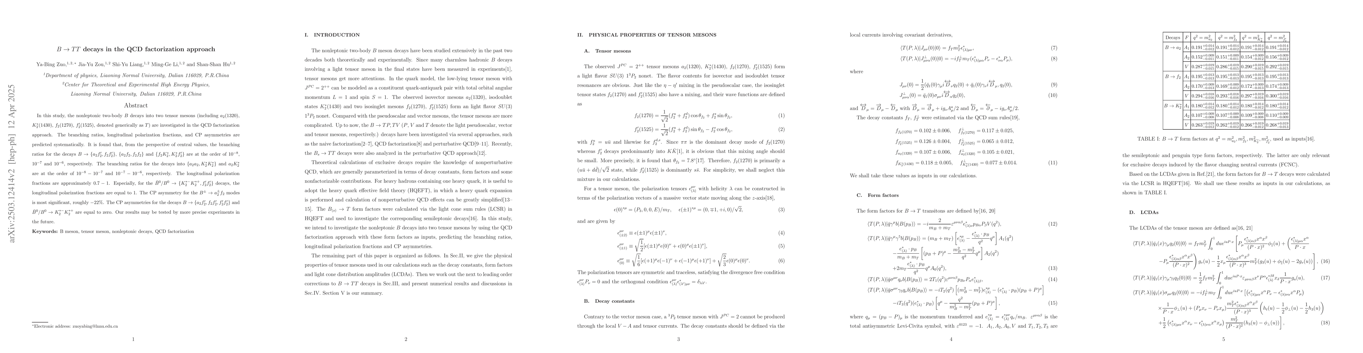 Thumbnail for $B \rightarrow TT$ decays in the QCD factorization approach