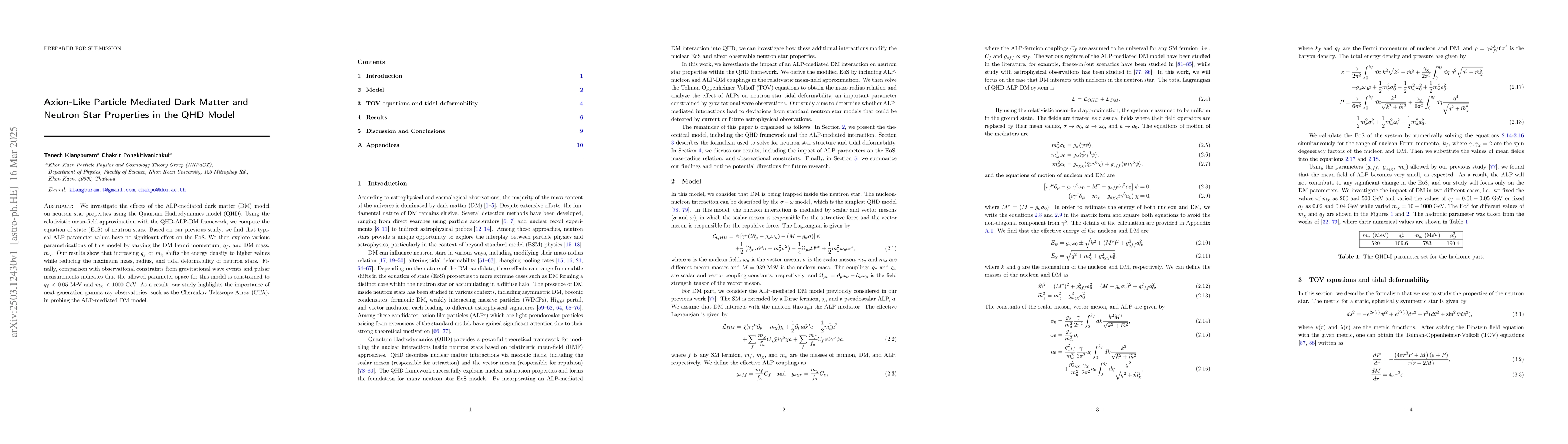 Thumbnail for Axion-Like Particle Mediated Dark Matter and Neutron Star Properties in
  the QHD Model