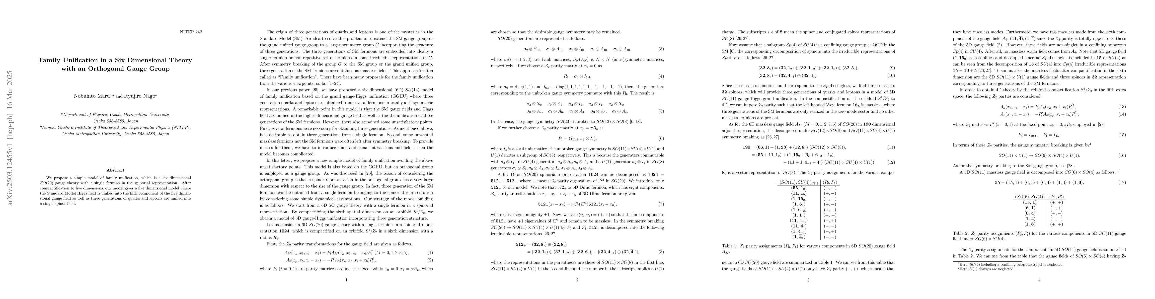 Thumbnail for Family Unification in a Six Dimensional Theory with an Orthogonal Gauge
  Group