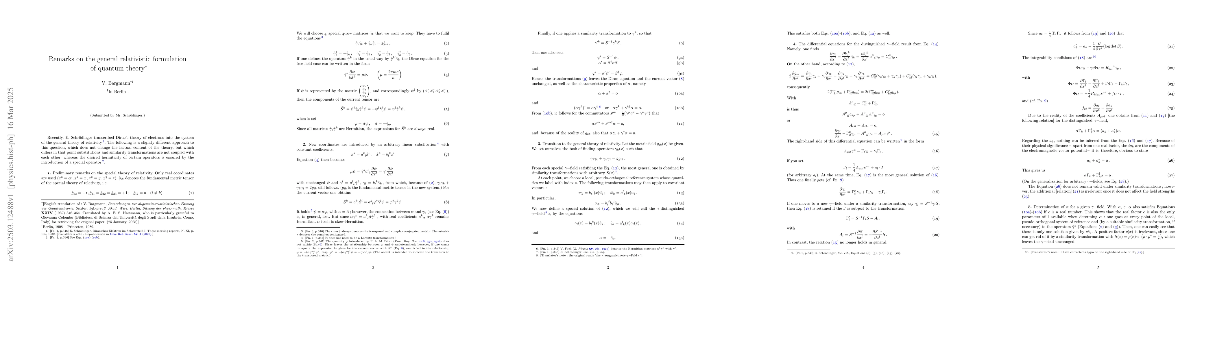 Thumbnail for Translation of Valentine Bargmann, "Remarks on the general relativistic
  formulation of quantum theory" (1932)