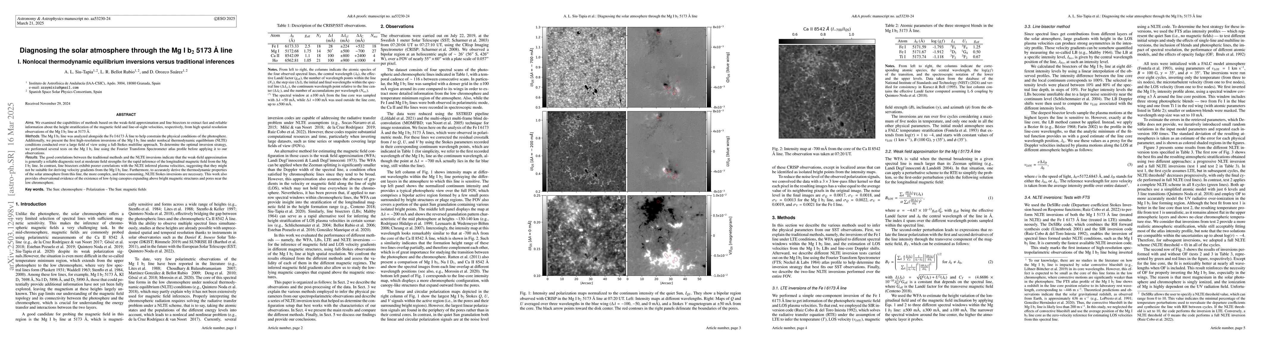 Thumbnail for Diagnosing the solar atmosphere through the Mg I b$_2$ 5173 Å line.
  I. Nonlocal thermodynamic equilibrium inversions versus traditional
  inferences