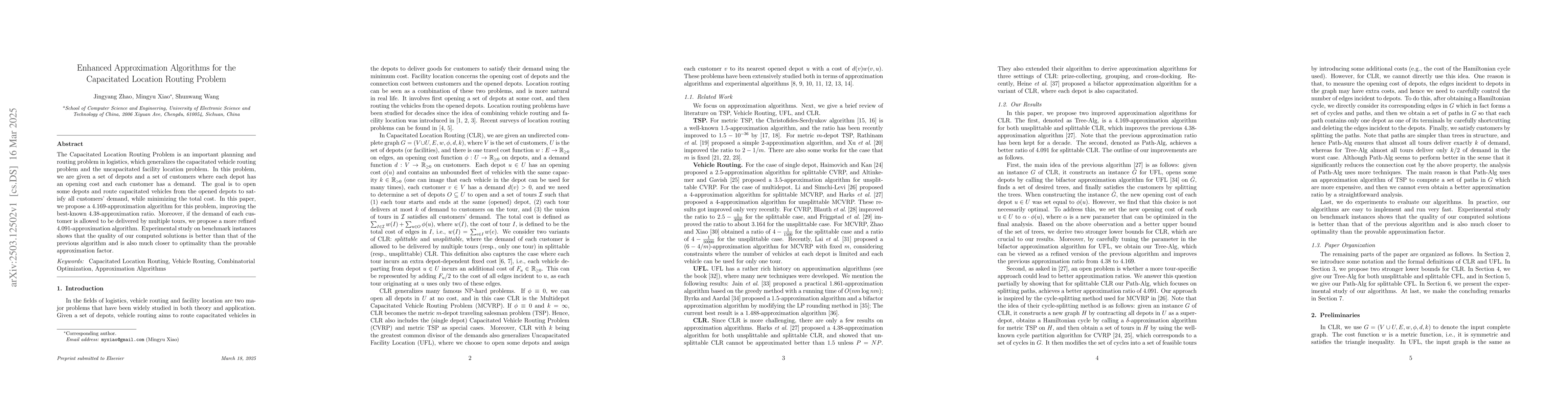 Thumbnail for Enhanced Approximation Algorithms for the Capacitated Location Routing
  Problem